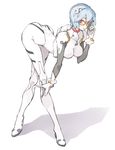  adjusting_eyewear ayanami_rei bent_over bespectacled blue_hair bodysuit glasses highres neon_genesis_evangelion pink_eyes plugsuit short_hair solo white_bodysuit wr_(karakusa_senbei) 