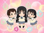  akiyama_mio black_eyes black_hair blush brown_hair chibi extra first_year_students_(k-on!) hime_cut holding_hands k-on! long_hair mameshiba multiple_girls school_uniform short_hair skirt socks sweater_vest 