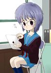  apple_inc. brown_eyes cardigan grey_hair ipad kasagi_toshihiko kita_high_school_uniform nagato_yuki school_uniform short_hair solo suzumiya_haruhi_no_yuuutsu tablet_pc window 