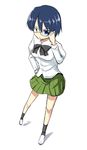  :&lt; adjusting_eyewear aoinu blue_eyes blue_hair full_body glasses green_skirt hakamichi_shizune juliet_sleeves katawa_shoujo long_sleeves pleated_skirt puffy_sleeves school_uniform short_hair skirt solo 