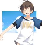  androgynous bad_id bad_pixiv_id brown_hair closed_eyes idolmaster idolmaster_(classic) kikuchi_makoto outstretched_arms pun2 raglan_sleeves reverse_trap short_hair solo spread_arms 