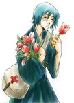  bag bleach blue_hair bouquet cross flower male male_focus red_cross short_hair shoulder_bag tulip yamada_hanatarou 
