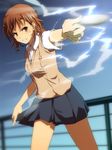  bad_id bad_pixiv_id biribiri brown_eyes brown_hair electricity misaka_mikoto nuriko-kun pointing school_uniform short_hair solo to_aru_kagaku_no_railgun to_aru_majutsu_no_index 