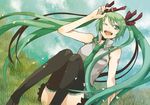  bad_id bad_pixiv_id buzz field green_eyes green_hair happy hatsune_miku long_hair necktie one_eye_closed sitting skirt solo thighhighs twintails vocaloid 