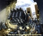  battle breastplate clenched_hand copyright_request flag helm helmet kiba_(anime) mecha mechanical_arm no_humans polearm robot rubble ruins shield sky soldier spear spikes sword takayama_toshiaki wall war weapon 