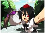  black_hair brown_hair chipa_(arutana) hat himekaidou_hatate looking_at_viewer open_mouth pun red_eyes shameimaru_aya shell short_hair smile solo tokin_hat touhou twintails 