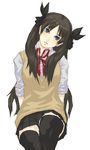  4hands black_legwear blue_eyes blush brown_hair fate/stay_night fate_(series) hair_ribbon head_tilt homurahara_academy_uniform long_hair ribbon school_uniform skirt solo sweater thighhighs toosaka_rin two_side_up zettai_ryouiki 