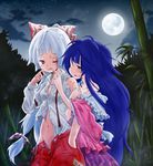  arm_holding bad_id bad_pixiv_id bamboo bamboo_forest bare_shoulders blue_hair cigarette forest fujiwara_no_mokou full_moon green_eyes hand_in_pocket houraisan_kaguya issin. long_hair messy_hair moon multiple_girls nature navel night night_sky off_shoulder one_eye_closed red_eyes sky smoking suspenders torn_clothes touhou very_long_hair white_hair yuri 