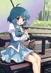  ahoge bad_id bad_pixiv_id bench blue_eyes blue_hair blush dress heterochromia highres karakasa_obake open_mouth rasahan red_eyes short_hair smile solo tatara_kogasa touhou umbrella 