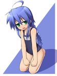  ahoge barefoot blue_eyes blue_hair braid flat_chest izumi_konata katami_shinta long_hair lucky_star mole mole_under_eye one-piece_swimsuit school_swimsuit seiza sitting smile solo swimsuit 