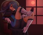  blue_hair bodysuit boots chair hair_over_one_eye high_heels highheels inazuma_eleven inazuma_eleven_(series) kazemaru_ichirouta leg_up long_hair one_leg_up sitting smile teasing tongue trap window 