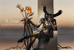  cable chin_rest crossed_legs flower head_wings mecha no_humans original sitting solo takayama_toshiaki throne 