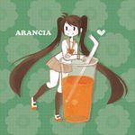  arancia black_eyes black_hair chibi drinking_straw glass heart hoshimura_sora long_hair minigirl orange_juice original school_uniform serafuku smile solo twintails 