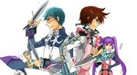  2boys apron asbel_lhant bad_id bad_pixiv_id blue_eyes blue_hair brown_hair fish glasses hubert_ozwell knife kusunokiokonogi multiple_boys purple_eyes purple_hair sophie_(tales) spoon tales_of_(series) tales_of_graces twintails white_background 