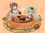  ^_^ animal_ears apron aqua_hair barefoot basket black_hair blue_eyes boots buttons capybara capybara-san chopsticks closed_eyes cow cow_ears cow_tail cup eating food fruit hair_ornament hairclip happy kotatsu mandarin_orange mouse mouse_ears mouse_tail multiple_girls original popurieru slippers smile table tail teapot 