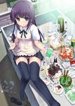  apron bangs black_legwear blue_eyes blunt_bangs blush chips commentary_request cooking drink eating food food_on_face hamburger highres kitchen kotobuki_utage legs long_hair melon_soda messy messy_room panties pantyshot pantyshot_(sitting) pasta potato_chips purple_hair rice salad sauce sink sitting skirt solo thighhighs underwear white_panties working!! yamada_aoi 