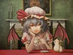  acrylic_paint_(medium) arm_support bat_wings blue_hair candle capelet chin_rest cup fireplace hat looking_away painting_(object) red_eyes remilia_scarlet short_hair solo teacup teapot touhou traditional_media tsun_(tsutaya01) wings yukkuri_shiteitte_ne 