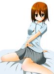  alternate_hairstyle bad_id bad_pixiv_id bed brown_eyes brown_hair hair_down highres k-on! kneeling muumiso_(alacrte) school_uniform short_hair skirt skirt_lift solo tainaka_ritsu 