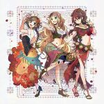  3girls agnea_bristarni blonde_hair braid braided_ponytail breasts brown_eyes brown_hair cleavage commentary_request dancer dancing dress flower frilled_skirt frills gladiator_sandals hair_flower hair_ornament high_ponytail layered_skirt long_hair long_skirt looking_at_viewer lynette_(octopath_traveler) medium_breasts multiple_girls navel octopath_traveler octopath_traveler:_champions_of_the_continent octopath_traveler_i octopath_traveler_ii open_mouth orange_skirt ponytail primrose_azelhart red_flower red_petals red_rose rose sandals satsuki_(chaosmode) skirt smile standing watermark wavy_hair white_background 