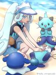  1girl 3others :&lt; @_@ aqua_hair beach blue_eyes closed_mouth crop_top dewott hair_between_eyes hands_on_another&#039;s_chest hatsune_miku kitsune_neko_tsuu long_hair long_hair_between_eyes multiple_others official_alternate_costume official_alternate_hairstyle open_mouth oshawott pokemon popplio project_voltage seashell shell smile tan tanlines twitter_username very_long_hair visor_cap vocaloid water_miku_(project_voltage) worried 
