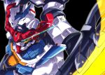  black_background commentary_request eye_trail gquuuuuux green_eyes gundam gundam_gquuuuuux heat_hawk highres kuroiwa_cookie light_trail mecha mecha_focus mobile_suit no_humans robot science_fiction simple_background solo upper_body v-fin 