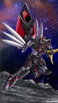  artist_name beam_rifle blitz_gundam blue_eyes commentary energy_gun gundam gundam_seed gundrass highres holding holding_weapon mecha mecha_focus mobile_suit no_humans robot science_fiction solo space twitter_username v-fin weapon zaft_(gundam) 