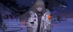  1girl absurdres akefumi black_shirt blonde_hair blue_eyes breasts closed_mouth coat commentary_request covered_navel english_text facial_mark fur-trimmed_hood fur_trim hands_in_pockets highres hood hood_down hooded_coat long_hair long_sleeves looking_at_viewer mixed-language_text open_clothes open_coat original radio_telescope shirt small_breasts solo turtleneck turtleneck_shirt white_coat 