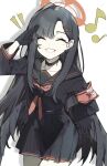  1girl absurdres armband black_choker black_gloves black_hair black_sailor_collar black_serafuku black_skirt black_wings blue_archive choker closed_eyes commentary facing_viewer feathered_wings gloves grin hair_ornament hairclip halo highres ichika_(blue_archive) kuromaru_ira long_hair long_sleeves low_wings musical_note neckerchief pleated_skirt red_armband red_halo red_neckerchief sailor_collar salute school_uniform serafuku simple_background skirt smile solo standing teeth white_background wings 