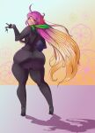  1girl ass biker_clothes bikesuit bodysuit breasts green_scarf greenm hazel_eyes highres hijiri_byakuren huge_ass huge_breasts latex latex_bodysuit mature_female multicolored_hair scarf seductive_smile smile solo touhou turbo_byakuren 