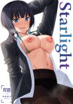  1girl arm_up asaka_karin black_jacket black_panties black_pantyhose blue_eyes blush breasts collared_shirt content_rating cover cover_page english_text green_ribbon jacket large_breasts long_sleeves looking_at_viewer love_live! love_live!_nijigasaki_high_school_idol_club medium_hair navel neck_ribbon nipples nosa open_clothes open_jacket open_mouth open_shirt panties pantyhose purple_hair ribbon shirt simple_background smile solo stomach sweat thighs underwear undone_neck_ribbon white_shirt 