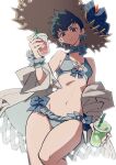  1girl alternate_costume bikini blue_bikini blue_bow blue_choker bow bow_earrings breasts bright_pupils choker cleavage cowboy_shot drink drinking earrings expressionless genderswap genderswap_(mtf) getter_robo gou_saotome green_hair hanahiyo_(hoimin) hand_up hat highres holding holding_drink jacket jewelry knee_up navel off_shoulder shin_getter_robo short_hair small_breasts solo straw_hat sun_hat swimsuit white_jacket white_pupils 