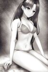 1girl absurdres bikini black_hair breasts cleavage closed_mouth collarbone fate/stay_night fate_(series) greyscale highres long_hair medium_breasts monochrome navel otakuotaco parted_bangs sitting smile solo stomach swimsuit thighs tohsaka_rin two_side_up very_long_hair 