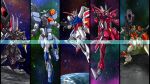  aegis_gundam aile_strike_gundam blitz_gundam blue_eyes buster_gundam character_name commentary duel_gundam earth_(planet) english_commentary glowing glowing_eyes green_eyes gundam gundam_seed gundrass highres holding holding_weapon mecha mecha_focus mobile_suit no_humans planet robot science_fiction space v-fin weapon yellow_eyes zaft_(gundam) 
