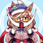  1girl animal_ears brown_hair gundam hair_between_eyes hair_ornament hat horse_ears horse_girl long_hair looking_at_viewer matikane_tannhauser_(umamusume) mayohi_neko mecha mobile_suit multicolored_hair multiple_girls ribbon robot sd_gundam turn_a_gundam turn_a_gundam_(mobile_suit) umamusume white_hair yellow_eyes 