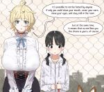  2girls :o ahoge aiu404l animal_ears beads black_eyes black_hair black_skirt blonde_hair blue_eyes blue_ribbon blush bralines breasts bright_pupils brown_corset center_frills chain-link_fence choker cityscape colored_eyelashes corset cowboy_shot cross-laced_clothes cross-laced_corset dress_shirt egg_(aiu404l) egg_hair_ornament english_text fence food-themed_hair_ornament frilled_shirt_collar frills hair_beads hair_ornament height_difference highres holding holding_leash hood hood_down hooded_jacket huge_breasts jacket leash long_hair long_sleeves looking_to_the_side low_twintails multiple_girls neck_ribbon original outdoors parted_lips ribbon scar scar_on_cheek scar_on_face shirt short_hair side-by-side skirt speech_bubble therapist_(aiu404l) therapy twintails upper_body white_jacket white_pupils 