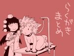  2girls all_fours animal_ears breasts closed_eyes closed_mouth commentary_request expressionless feathered_wings full_body grooming hair_dryer hat holding holding_hair_dryer inubashiri_momiji leash medium_breasts monochrome multiple_girls nude on_table onikobe_rin pom_pom_(clothes) red_theme shameimaru_aya shirt short_hair simple_background table tail tokin_hat touhou translation_request wings wolf_ears wolf_girl wolf_tail 