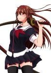  1girl black_serafuku boots brown_hair hair_flaps hairband highres kantai_collection katana orange_eyes over_shoulder porco1127 red_hairband remodel_(kantai_collection) school_uniform serafuku shiratsuyu_(kantai_collection) sword thighhighs weapon weapon_over_shoulder 