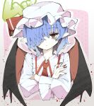  1girl bat_wings blue_hair cropped_torso crossed_arms fingernails frilled_shirt_collar frills hair_over_one_eye hat highres kuromaru_ira long_fingernails mob_cap pointy_ears red_eyes red_nails remilia_scarlet sailor_collar short_hair slit_pupils solo touhou wings 