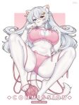  1girl :p animal_ear_fluff animal_ears blue_eyes blush bra cat_lingerie cleavage_cutout closed_mouth clothing_cutout furry furry_female heterochromia highres long_hair mo_(k40633) navel original panties pink_bra pink_panties red_eyes smile solo stomach tail thighs tongue tongue_out underwear white_hair yarn yarn_ball 