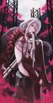  1girl absurdres blush body_chain bodysuit breasts brown_eyes checkered_clothes checkered_shrug closed_mouth clothing_cutout gloves goddess_of_victory:_nikke grey_hair hair_intakes highres holding holding_sword holding_weapon korean_commentary large_breasts latex latex_bodysuit long_hair looking_at_viewer navel official_alternate_costume racer&#039;s_high_(stellar_blade) red_shrug scarlet_(nikke) scarlet_(racer&#039;s_high)_(nikke) sideless_outfit sitting skin_tight solo stomach sword sxrxri_a thigh_cutout weapon 