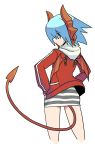  1girl bangs blue_eyes blue_hair borrowed_character cropped_legs demon_girl demon_tail demon_wings eyebrows_visible_through_hair from_behind hand_on_hip hood hood_down hoodie horns jacket looking_back muu_(mumumer) original red_jacket short_hair simple_background solo tail white_background wings 