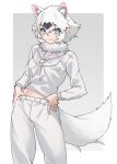  1girl animal_ear_fluff animal_ears black_hair blue_eyes commentary extra_ears fur_collar grey_background hair_between_eyes hands_on_own_hips highres kemono_friends long_sleeves looking_at_viewer midriff_peek multicolored_hair neckerchief pants raccoon_ears raccoon_girl raccoon_tail school_uniform serafuku short_hair simple_background smile solo tail tanabe_(fueisei) tanuki_(kemono_friends) two-tone_hair white_hair white_neckerchief white_pants white_serafuku 