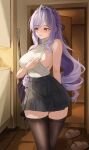  1girl absurdres alternate_costume bare_shoulders black_skirt black_thighhighs blush bow breasts closed_mouth commentary hair_bow hair_intakes highres ileong indoors large_breasts long_hair looking_to_the_side mole mole_under_eye multicolored_hair purple_bow purple_hair red_eyes shirt skirt solo streaked_hair thighhighs thighs turtleneck turtleneck_shirt very_long_hair vivian_banshee white_shirt zenless_zone_zero 