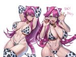  1girl :d animal_ear_fluff animal_ears animal_print arms_up bell bikini black_choker breasts cat_ears cat_girl cat_tail choker cow_print cow_print_bikini cow_print_thighhighs cowbell curvy fangs hair_intakes hands_up highres hololive hololive_english large_breasts multiple_views navel neck_bell paw_pose pink_hair print_bikini print_thighhighs raora_panthera seventeencrows simple_background smile stomach swimsuit tail thighhighs white_background yellow_eyes 