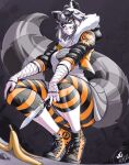  1girl animal_ears banana_peel black_jacket black_leggings black_mask black_nails black_shoes cropped_jacket dated detached_sleeves domino_mask ear_piercing face_piercing fishnet_sleeves fishnets grey_hair grey_tail highres holding holding_knife jacket jgeorgedrawz knife leggings lip_piercing mask multicolored_jacket multicolored_shoes open_clothes open_jacket orange_eyes orange_jacket orange_leggings orange_shoes original piercing raccoon_ears raccoon_girl raccoon_tail shirt shoes snuffyowo solo striped_leggings tail tiptoes two-tone_jacket two-tone_leggings two-tone_shoes white_shirt 