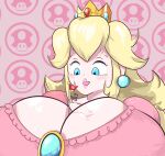  blonde_hair blue_eyes blue_overalls breasts crown dress earrings facial_hair giant giantess highres jewelry large_breasts lipstick makeup mario mario_(series) mustache overalls pachalt pink_dress pink_lips princess_peach sphere_earrings super_mushroom 