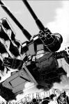  1boy ammunition_pouch building caterpillar_tracks city cloud combat_helmet commentary_request day from_below gatling_gun goggles greyscale gundam guntank helmet highres jacket mecha mecha_focus mobile_suit mobile_suit_gundam monochrome outdoors pouch robot rubble ruins science_fiction shoulder_cannon smoke soldier takagi_shuei 