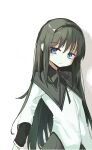  1girl absurdres akemi_homura akemi_homura_(magical_girl) black_hair black_hairband blue_eyes bow bowtie capelet closed_mouth commentary expressionless grey_bow grey_bowtie grey_capelet grey_skirt hairband highres kuromaru_ira long_hair long_sleeves looking_at_viewer mahou_shoujo_madoka_magica shirt simple_background skirt solo white_background white_shirt 