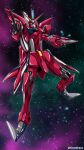  aegis_gundam artist_name beam_rifle commentary energy_gun green_eyes gundam gundam_seed gundrass highres holding holding_weapon mecha mecha_focus mobile_suit no_humans robot science_fiction space twitter_username v-fin weapon zaft_(gundam) 