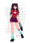  1girl alternate_costume bag black_choker black_hair black_shoes blue_eyes blush breasts choker fate/stay_night fate_(series) highres holding holding_bag long_hair looking_at_viewer nedameman purple_skirt red_shirt shirt shoes short_sleeves skirt smile socks solo sweater tohsaka_rin two_side_up watermark 
